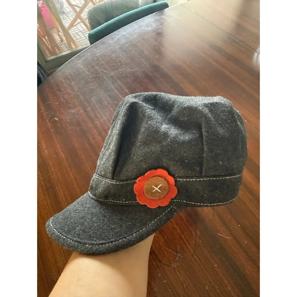 Pistil Charcoal Gray Wool Blend Slouchy  Cadet Hat Flower Appliqué Boho OS